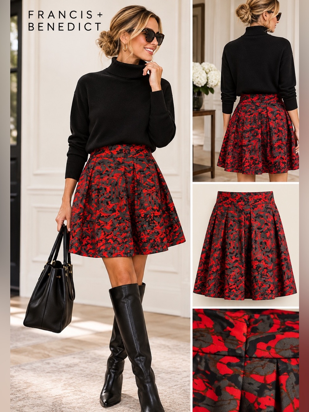 Francis + Benedict Anthropologie Style Cotton Skirt in Red & Black Size Large Li